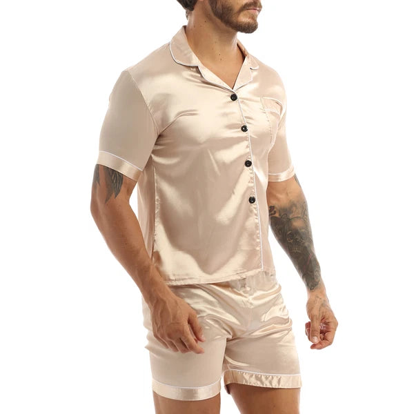 Mens Shiny Satin Pajamas Set Short Sleeves Button Down Shirt with Boxer Short