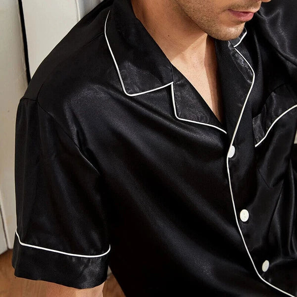 Mens Pajamas  Silk Satin Set Top and Shorts Sleepwear Nightwear Casual Pyjamas