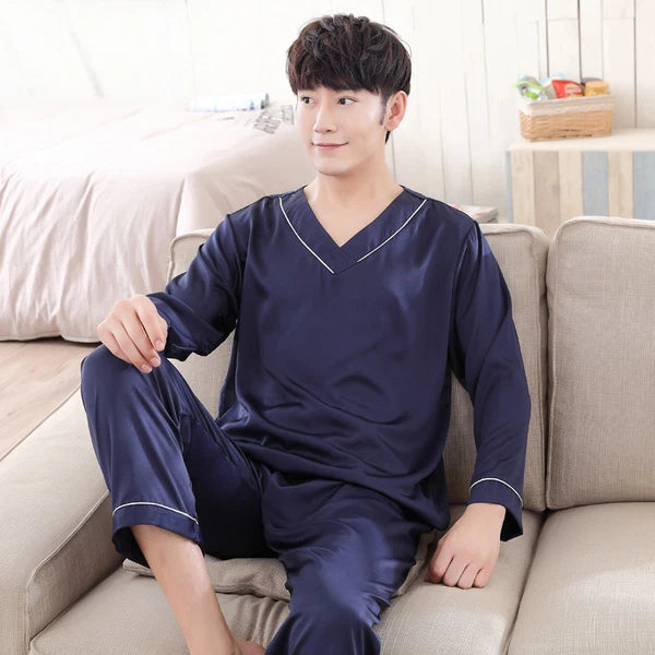 NWT 2PCS Mens Silk Satin Pajamas Sleepwear Pyjamas PJS Long Sleeve M031 M L XL