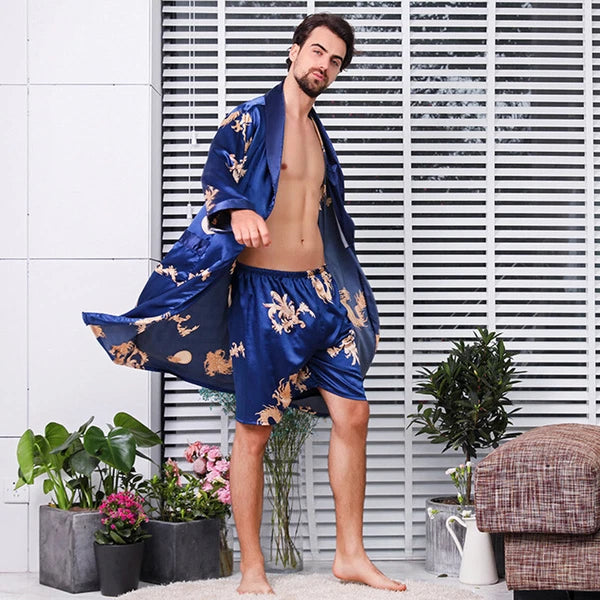 Men Silk Like Pyjama Set Dragon Print Pajamas Dressing Gown Robe Sleepwear Loose