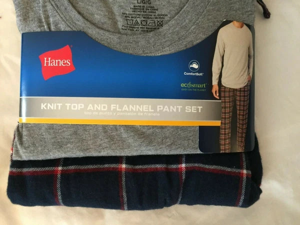 NWT Men's Hanes Long Sleeve Crew Top - Flannel Pant - Set Pajamas PJs Red / Gray