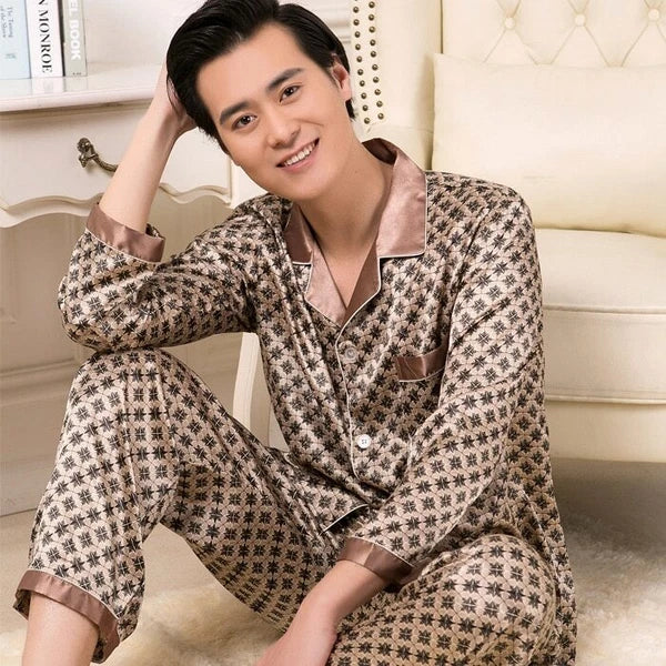 Mens Pajamas Nightwear Long Sleeve Sleep Tops Trousers Thin Ice Silk Pajamas Set