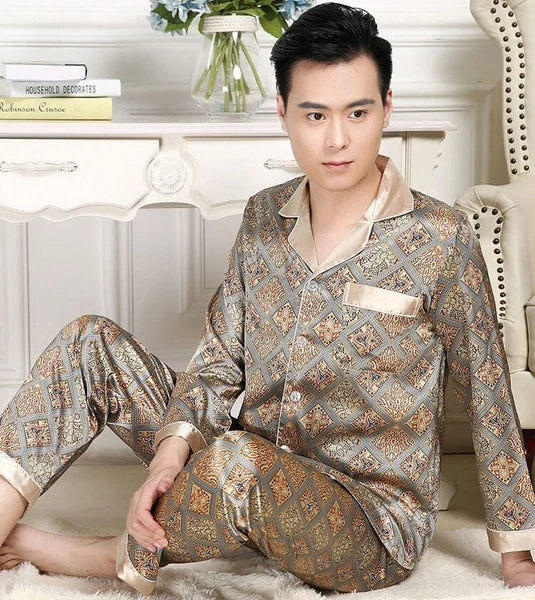 Mens Pajamas Nightwear Long Sleeve Sleep Tops Trousers Thin Ice Silk Pajamas Set