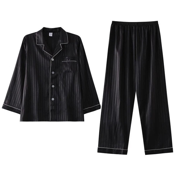 Mens Pajamas Nightwear Long Sleeve Sleep Tops Trousers Thin Ice Silk Pajamas Set