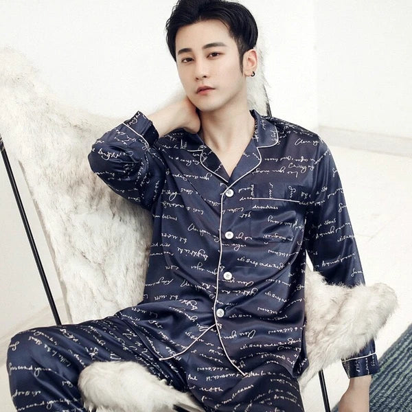 Mens Pajamas Nightwear Long Sleeve Sleep Tops Trousers Thin Ice Silk Pajamas Set