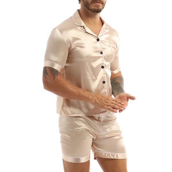 Men's Short Sleeve Satin Pajama Set with Shorts Classic Sleepwear Loungewear