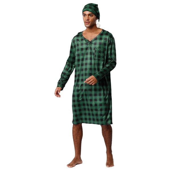 Mens Nightwear Satin Silk Pajama Set  long Sleeve and hat Sleepwear Nightgown