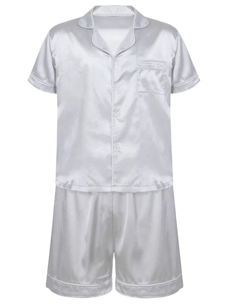 Men's Short Sleeve Satin Pajama Set with Shorts Classic Sleepwear Loungewear