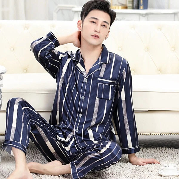 Mens Pajamas Nightwear Long Sleeve Sleep Tops Trousers Thin Ice Silk Pajamas Set
