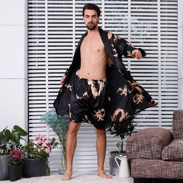 Men Silk Like Pyjama Set Dragon Print Pajamas Dressing Gown Robe Sleepwear Loose