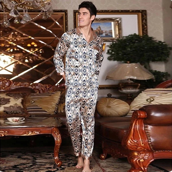 NWT 2PCS Mens Silk Satin Pajamas Sleepwear Pyjamas PJS Long Sleeve M029 M L