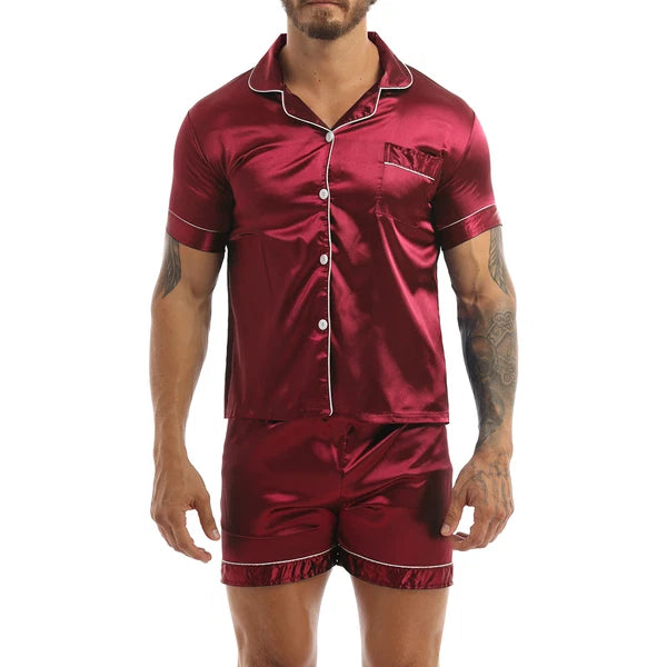 Men's Short Sleeve Satin Pajama Set with Shorts Classic Sleepwear Loungewear