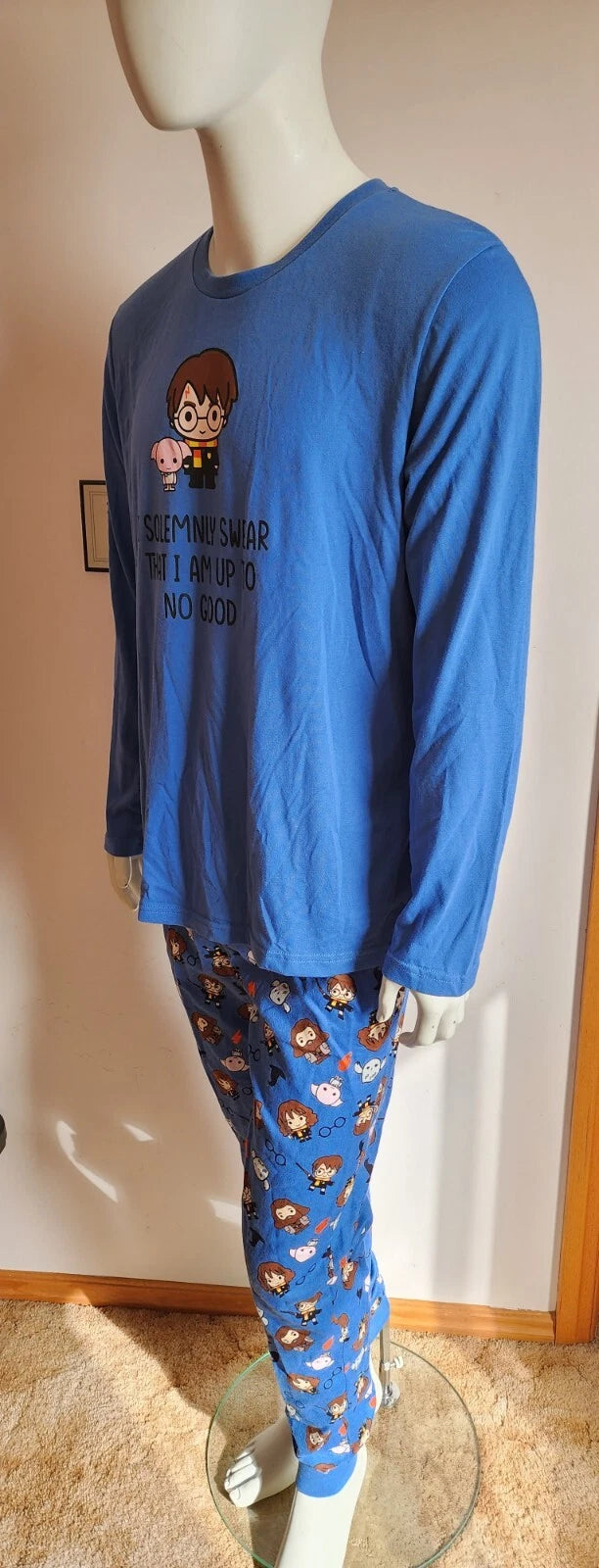 Harry Potter Mens Solemnly Swear Blue Printed Long Sleeve Pyjama Set Size L New