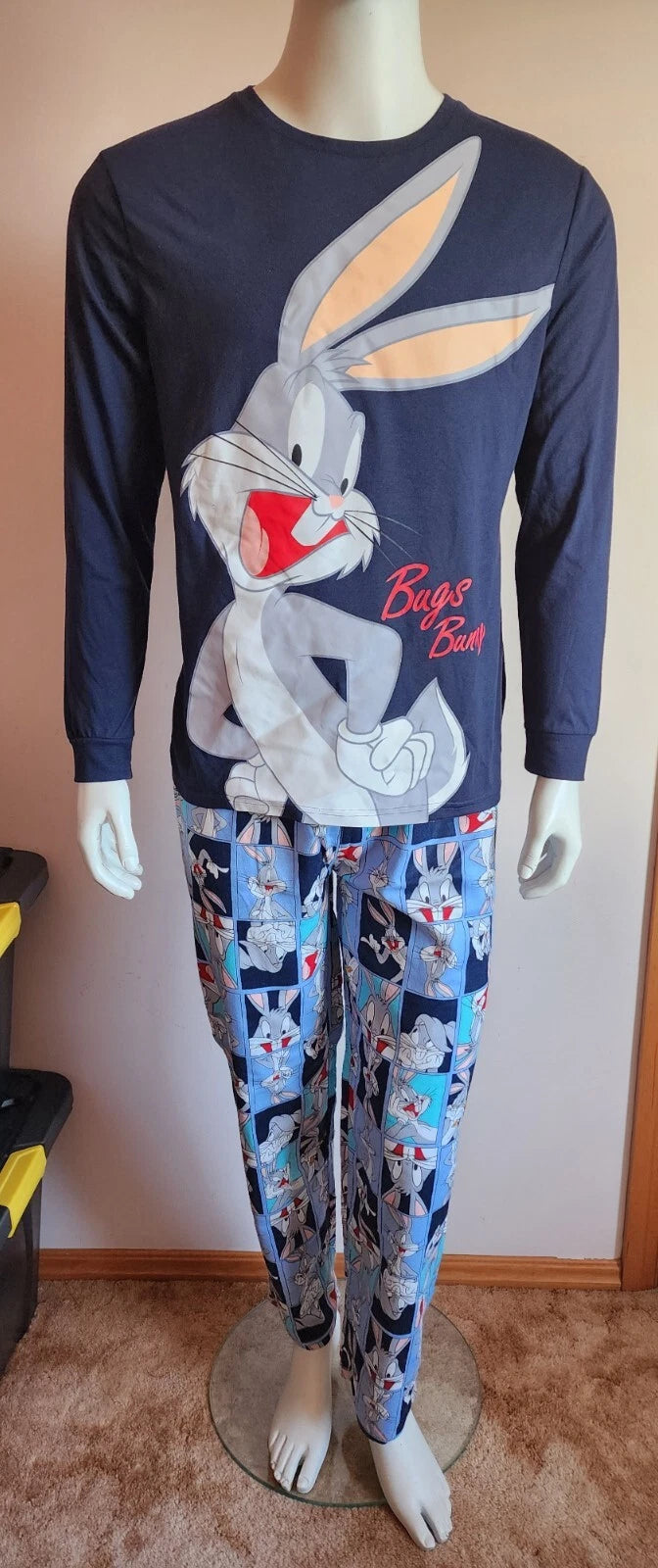Looney Tunes Bugs Bunny Mens Navy Blue Printed 2 Piece Pyjama Set Size M New