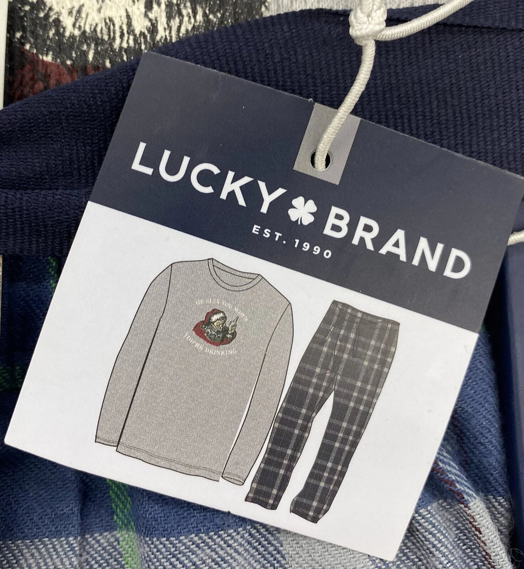 Lucky Brand Mens Large Santa Pajama Set Thermal Shirt Flannel Pant - NEW IN BOX