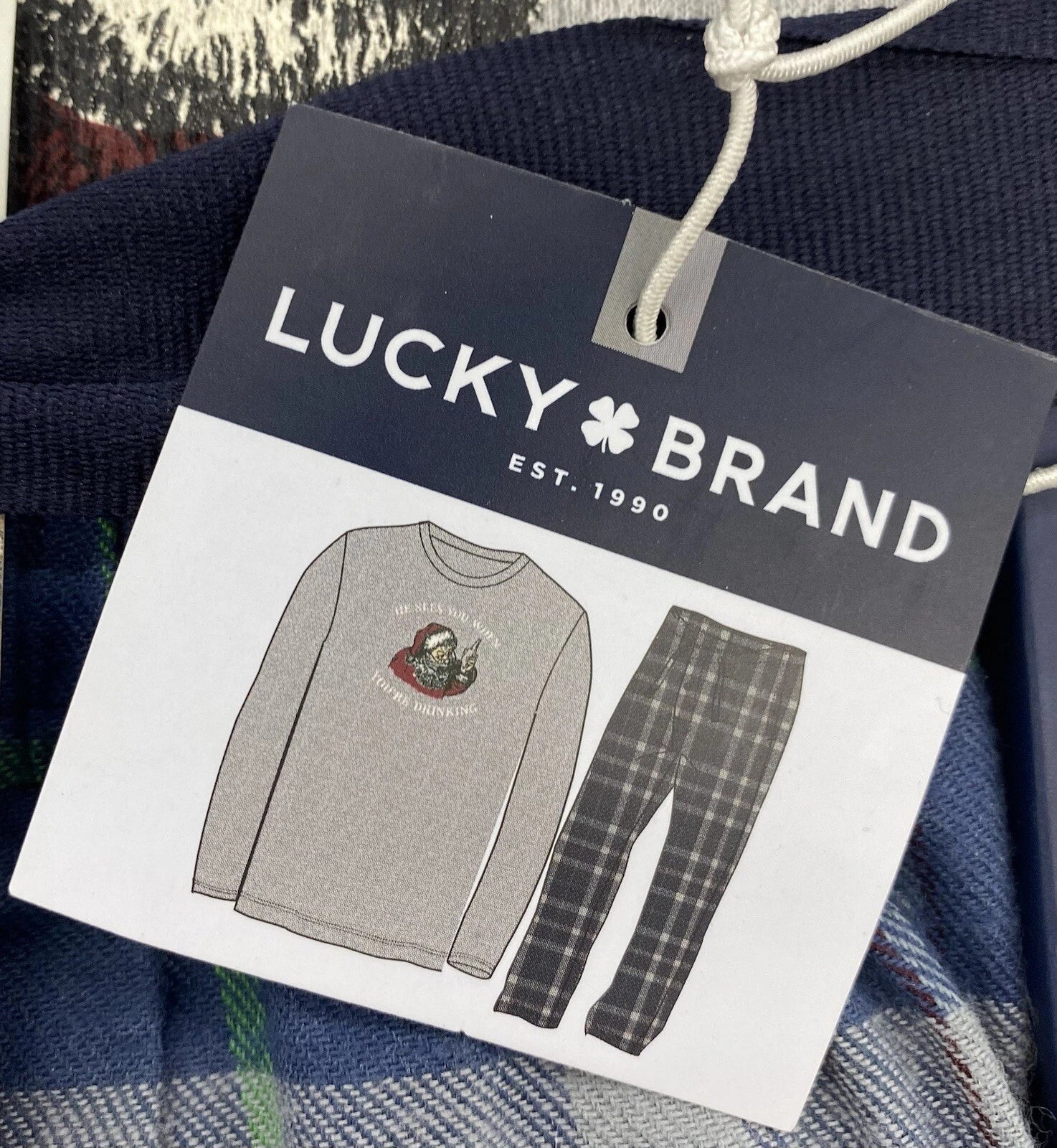 Lucky Brand Mens Large Santa Pajama Set Thermal Shirt Flannel Pant - NEW IN BOX