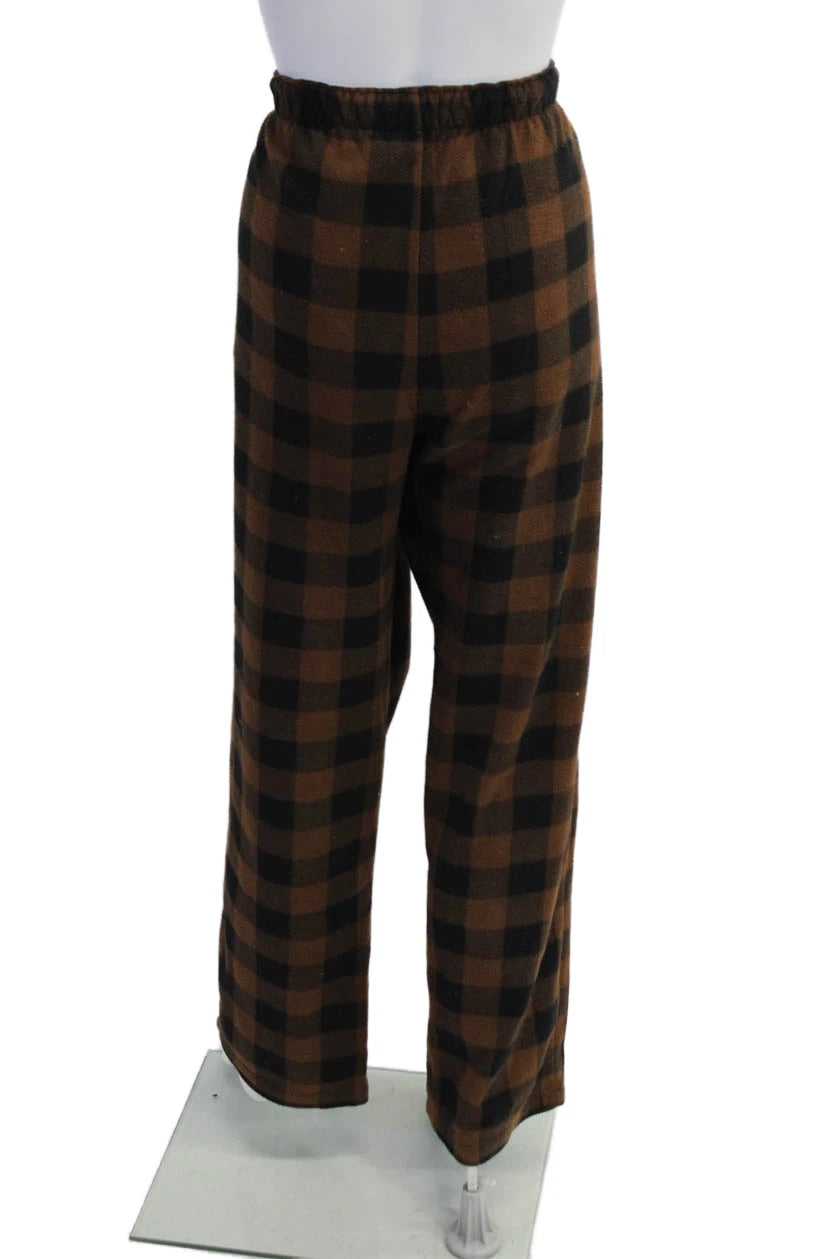 Skims Mens Checkered Collared Long Sleeve Button Up Pajama Set Brown Size S