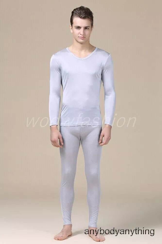 Men Mulberry Silk Thermal Long Johns Pajamas Underwear Baselayer Top&Bottom Set