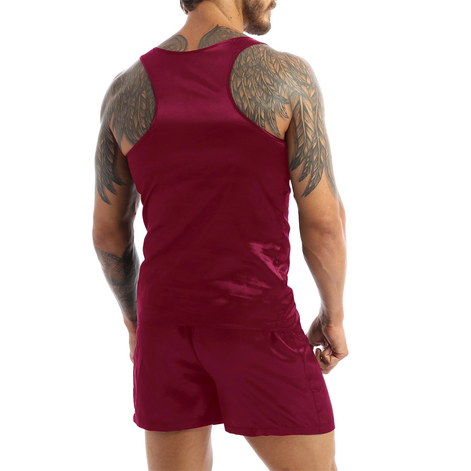 Mens Pajama Set Silky Satin Sleepwear Smooth Tank Top and Shorts 2 Pieces Set