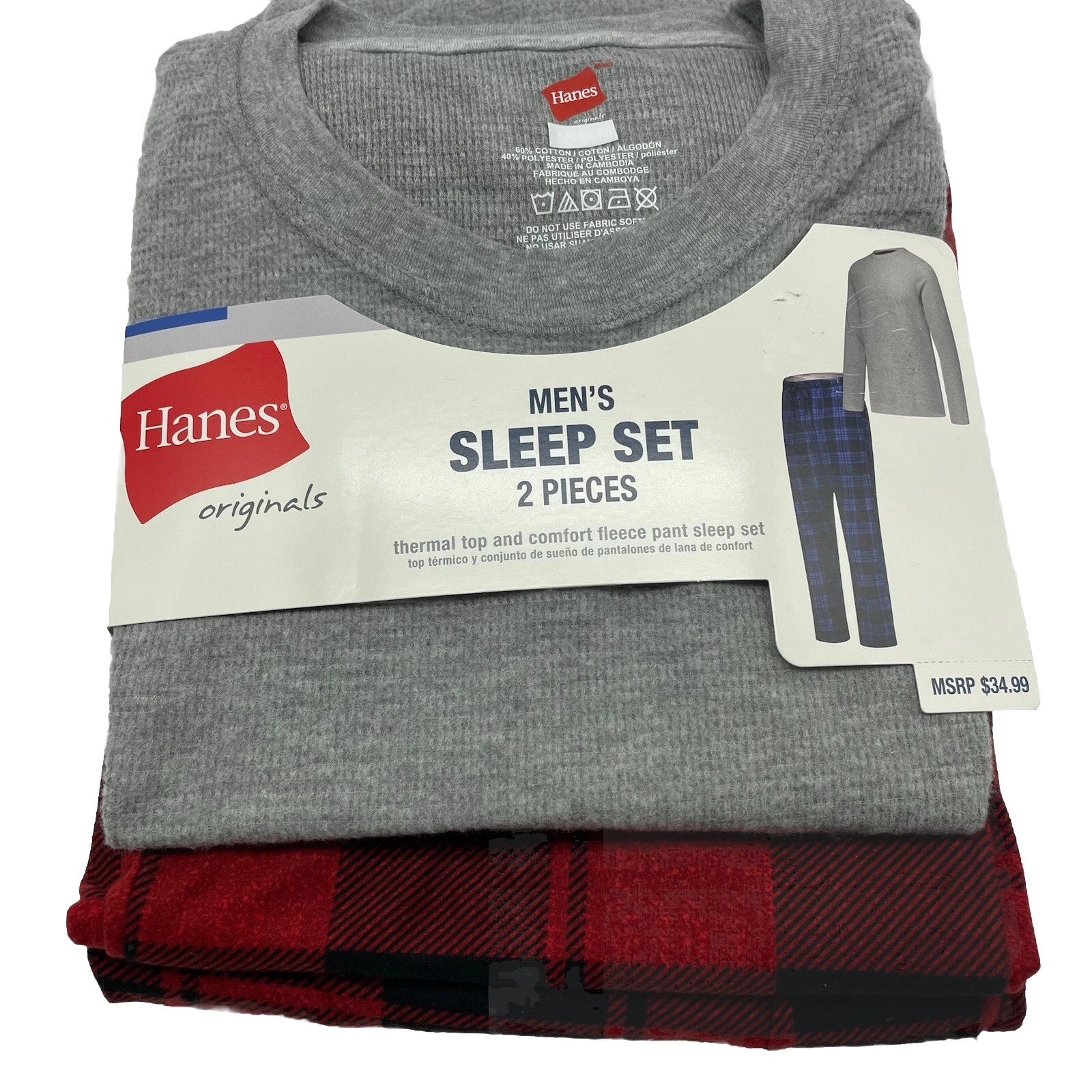 L Hanes Originals Men's 2 Pc Comfort Fleece Sleep Pajama Set Red Check Red LARGE