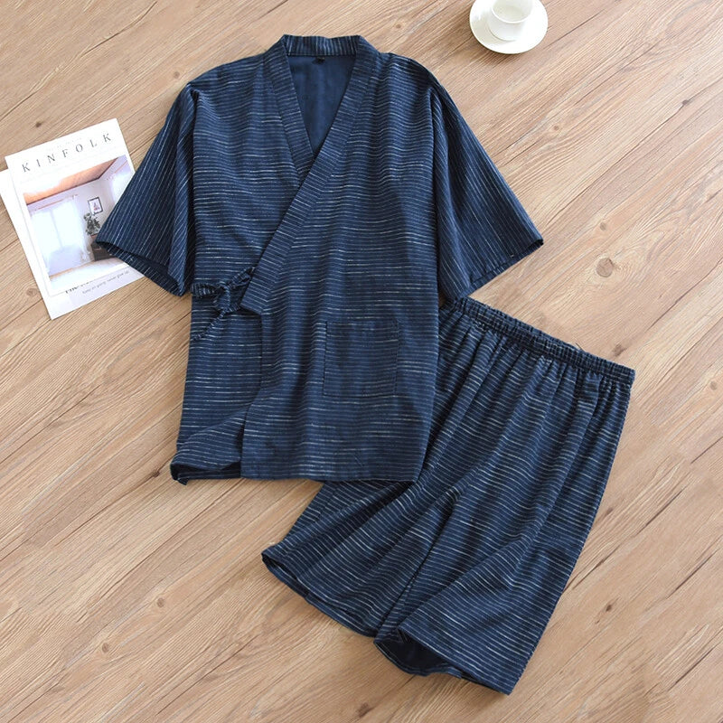 Japan Pajamas Set Cotton Striped 3/4 Sleeve Kimono Top Shorts Men Sleepwear Home