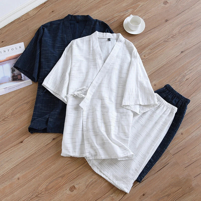 Japan Pajamas Set Cotton Striped 3/4 Sleeve Kimono Top Shorts Men Sleepwear Home