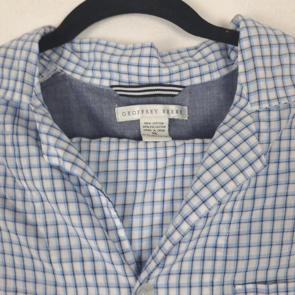 Geoffrey Beene Pajama Set XL Blue Plaid Button Long Sleeve Altered Short   *READ