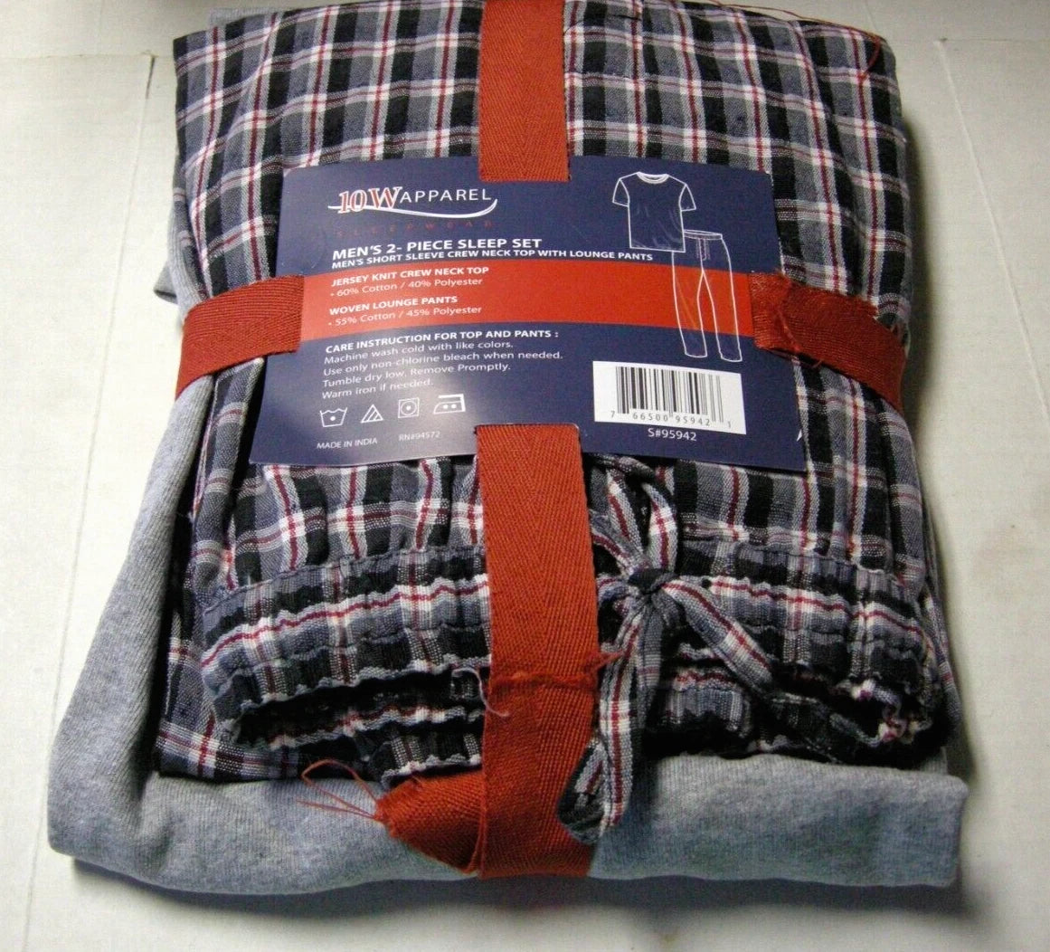 Men's 2 Piece Pajama Set By 10W Apparel, Drawstring, Gray & Black, Large, New