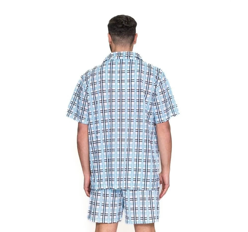 Mens Blue Black Check Print Short Sleeve Summer Cotton Pjs Pyjama Set