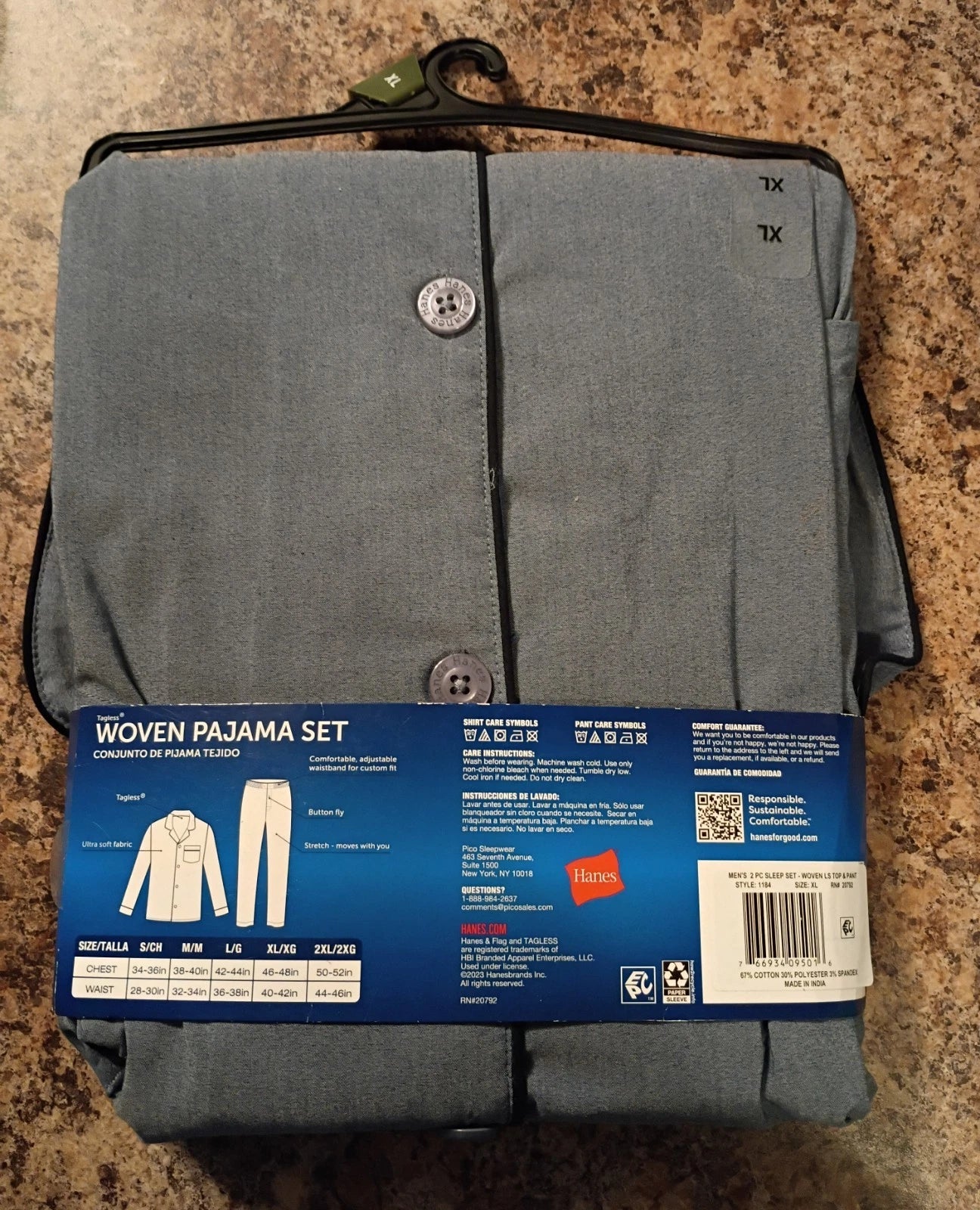 Hanes Men's Woven Pajama 2PC Set Long Sleeve top  Long Leg Pant Size XL NEW