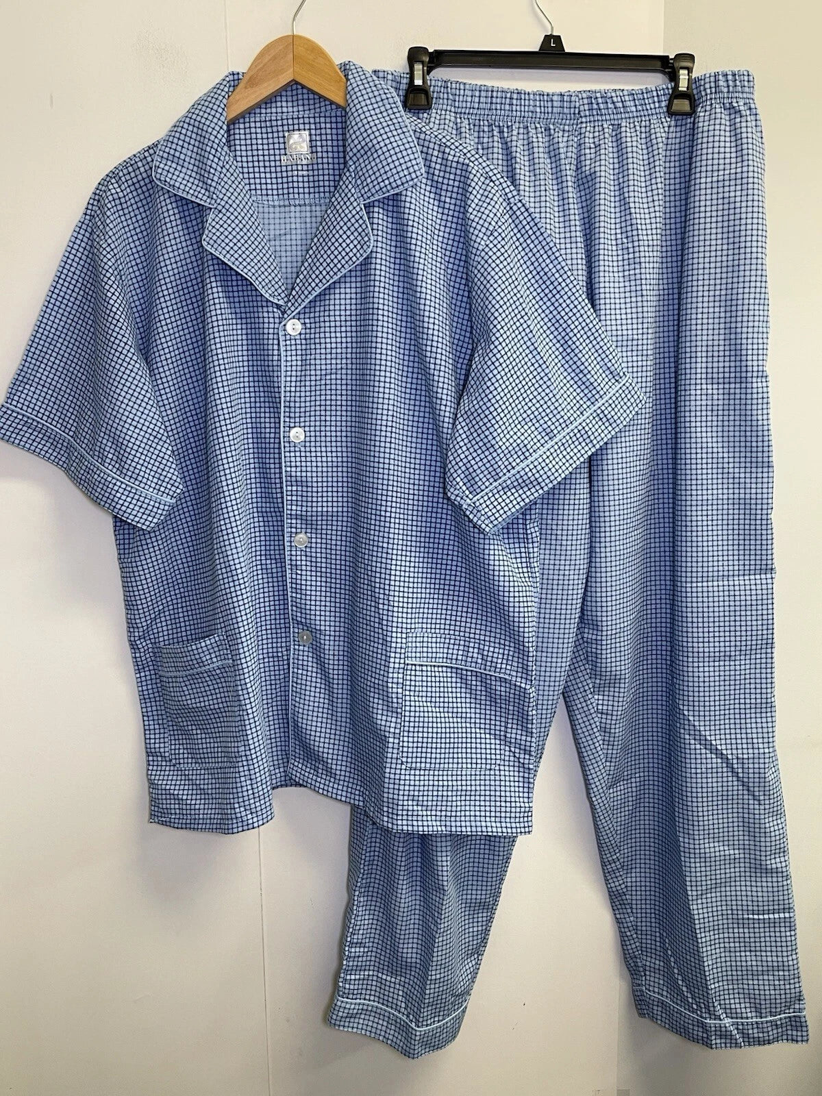 Haband Men's Size L Pajama Set 2-Pcs Check Blue  Short Sleeve Long Pants Pockets