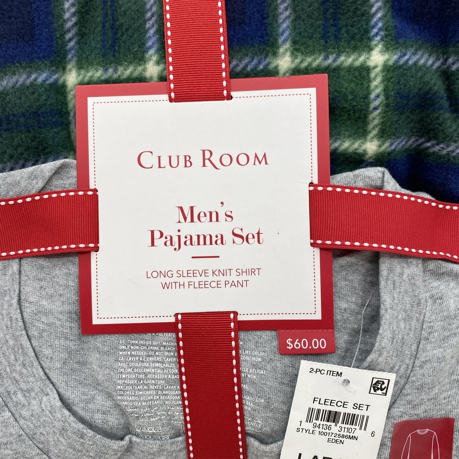 $60 Club Room Mens 2-Piece Pajama Set Hoppy Holidays Fleece Long Sleeve Size L