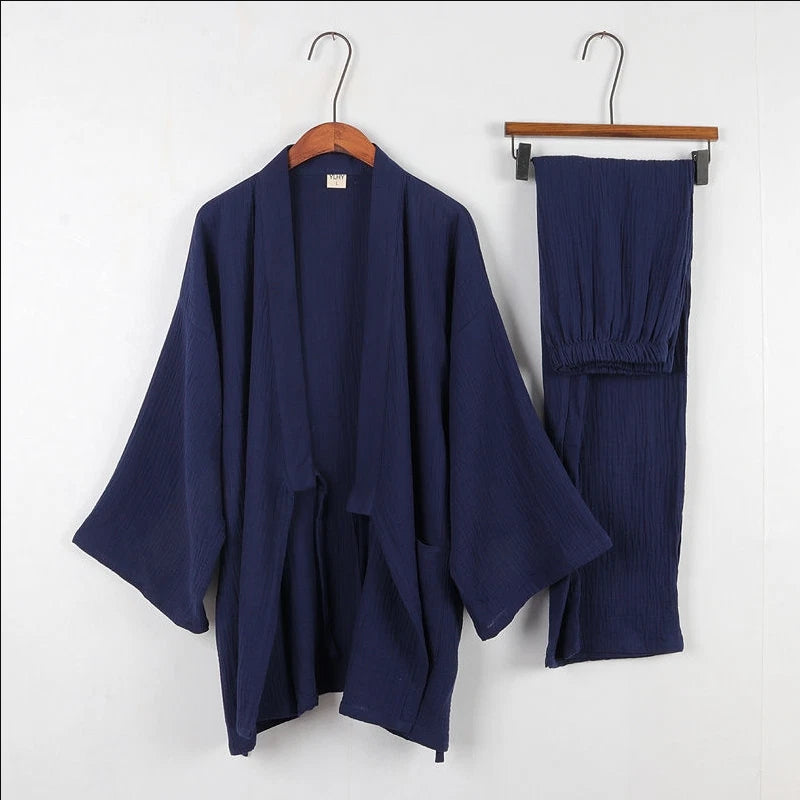 Japanese Men's Kimono Top Pants Sleepwear Robes Yukata Pajamas Set Crepe Cotton