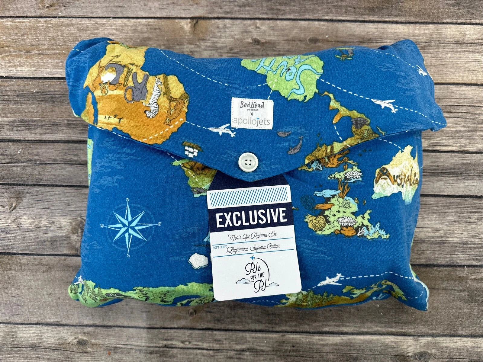 Bedhead Pajamas x Apollojets Pajama Set Mens Size XLXT Blue World Map Packable