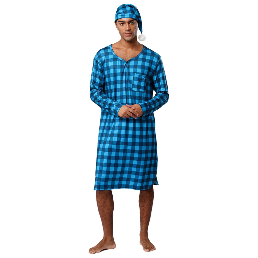Mens Nightwear Satin Silk Pajama Set  long Sleeve and hat Sleepwear Nightgown
