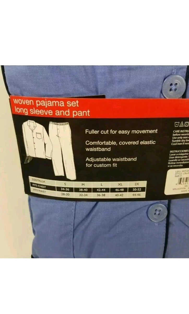 Hanes Men's Woven Pajama 2PC Set Long Sleeve top, Long Leg Pant Size S Blue