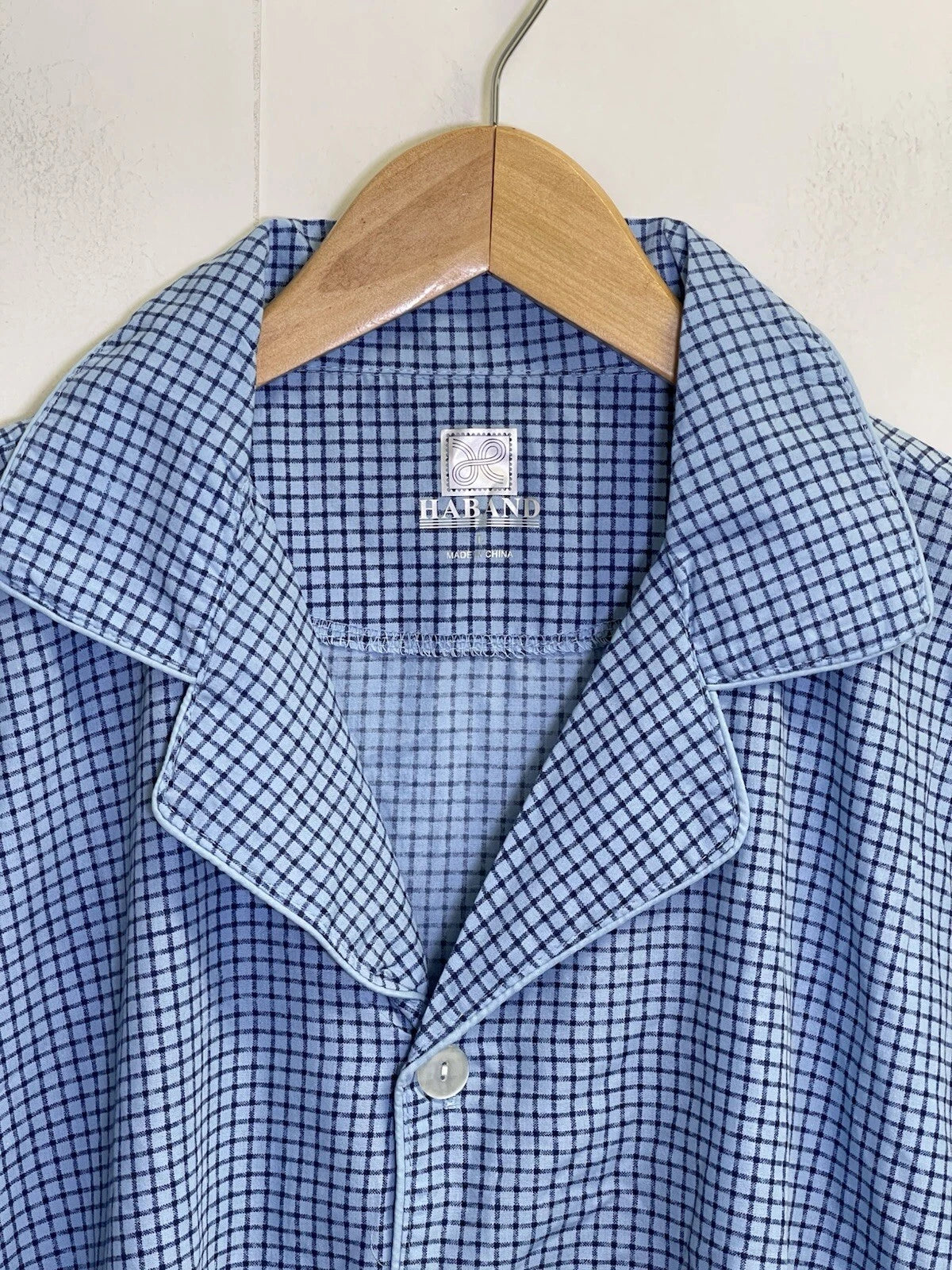 Haband Men's Size L Pajama Set 2-Pcs Check Blue  Short Sleeve Long Pants Pockets