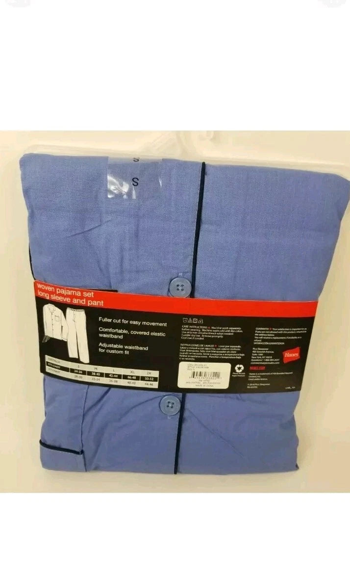 Hanes Men's Woven Pajama 2PC Set Long Sleeve top, Long Leg Pant Size S Blue