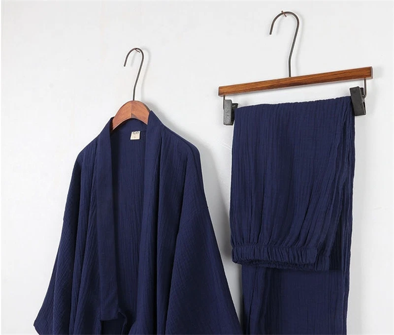 Japanese Men's Kimono Top Pants Sleepwear Robes Yukata Pajamas Set Crepe Cotton
