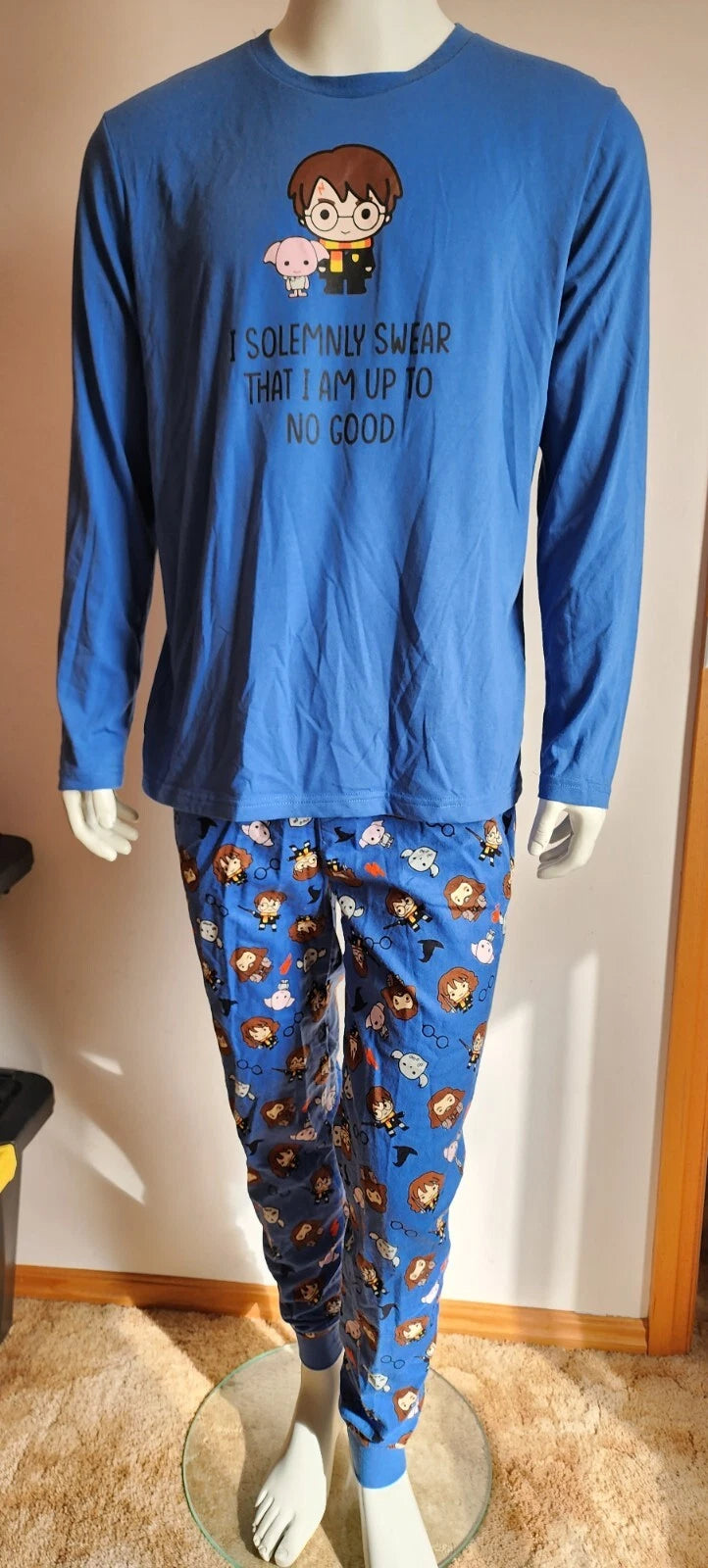 Harry Potter Mens Solemnly Swear Blue Printed Long Sleeve Pyjama Set Size L New