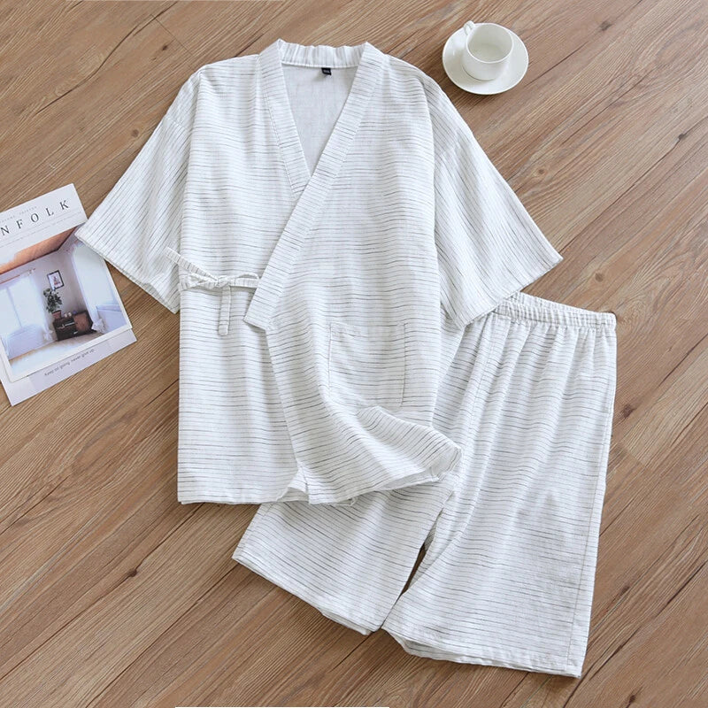 Japan Pajamas Set Cotton Striped 3/4 Sleeve Kimono Top Shorts Men Sleepwear Home