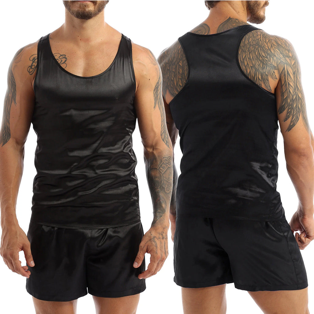 Mens Pajama Set Silky Satin Sleepwear Smooth Tank Top and Shorts 2 Pieces Set