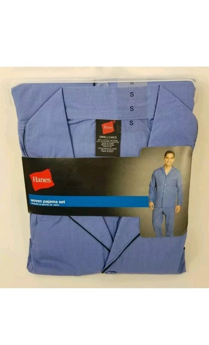 Hanes Men's Woven Pajama 2PC Set Long Sleeve top, Long Leg Pant Size S Blue