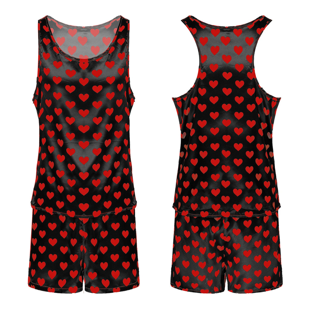 Mens Pajama Set Silky Satin Sleepwear Smooth Tank Top and Shorts 2 Pieces Set