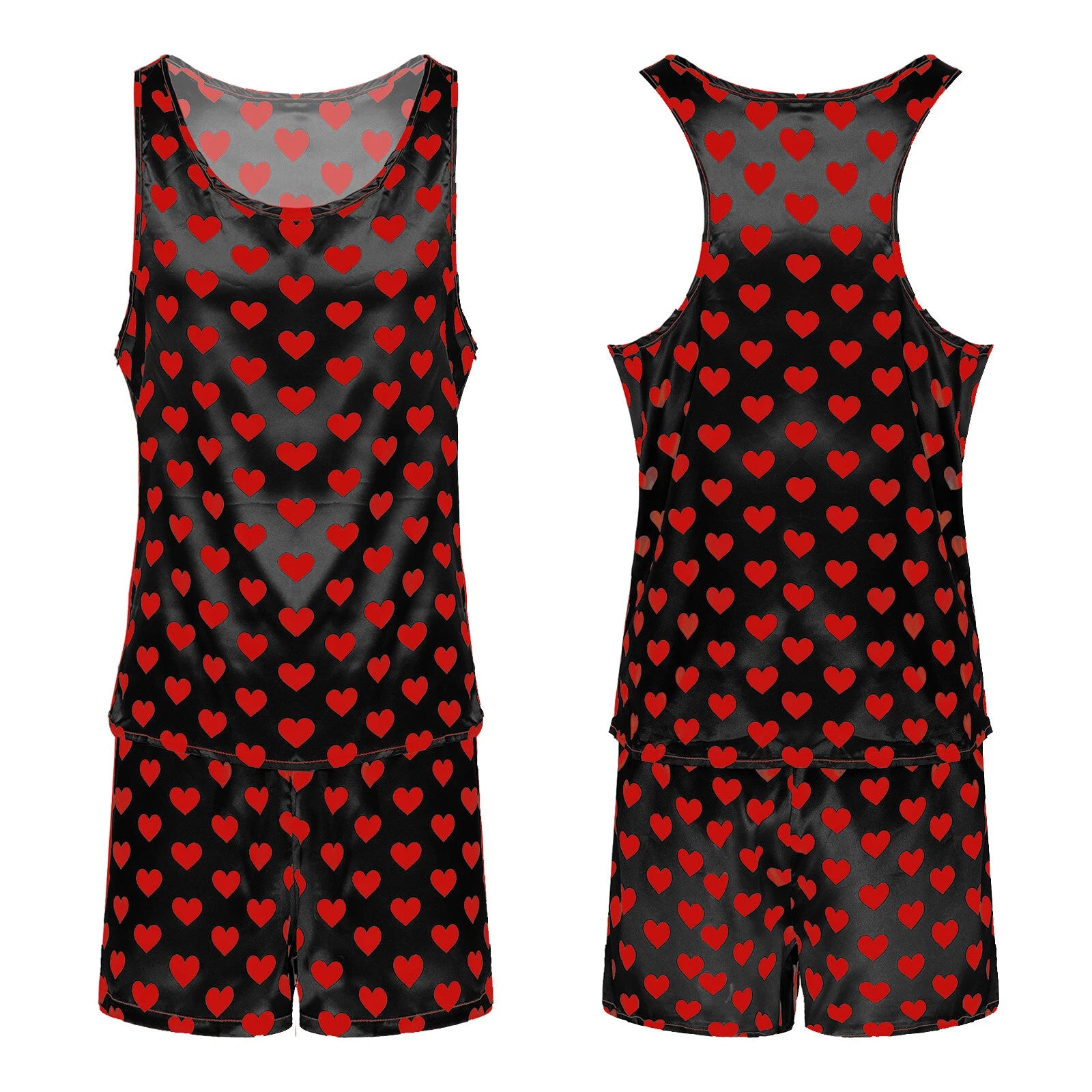 Mens Pajama Set Silky Satin Sleepwear Smooth Tank Top and Shorts 2 Pieces Set