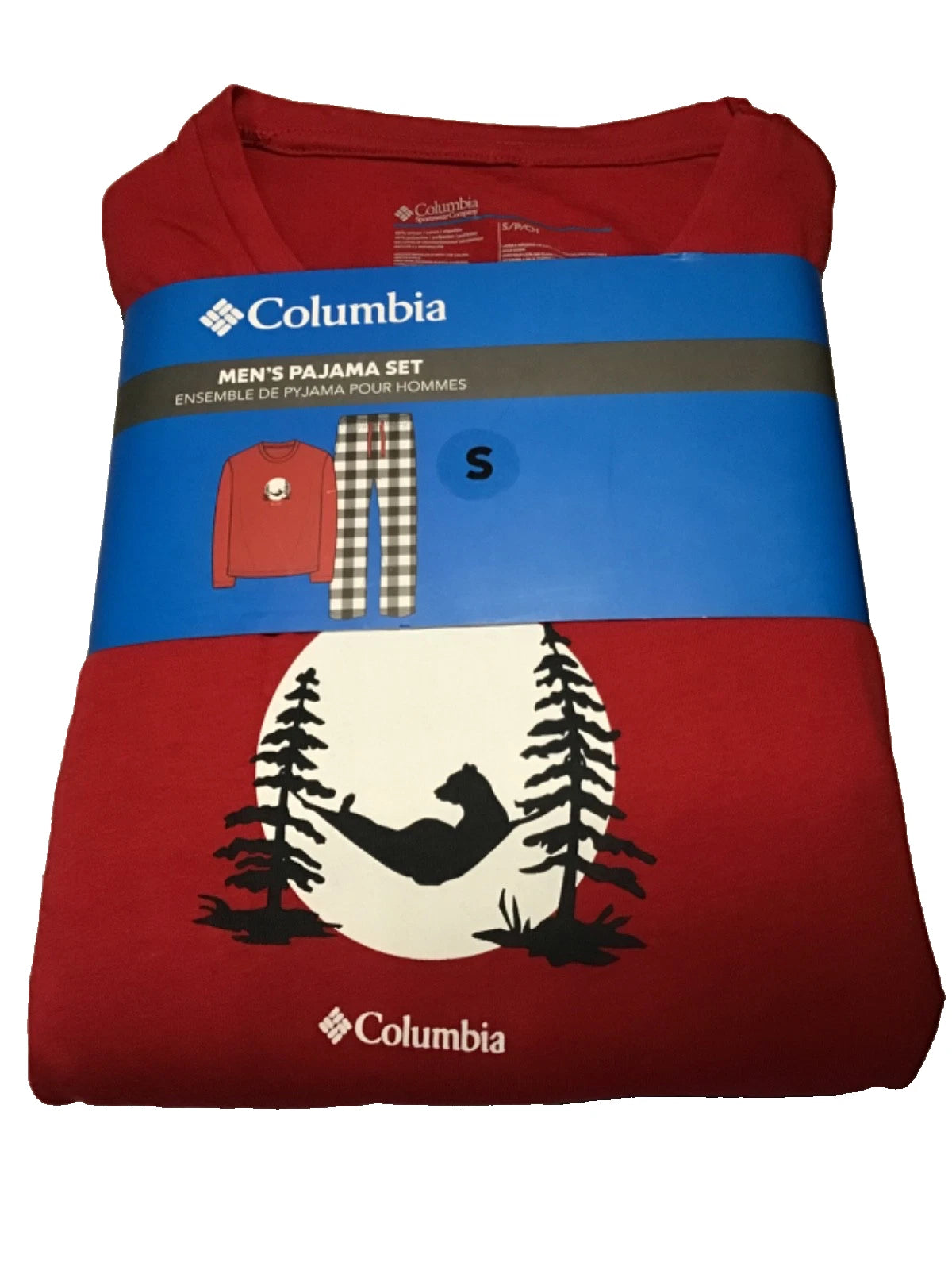 Columbia Men's Pajama Set Small Red/Black Bear Image Long Top and Bottom NEW