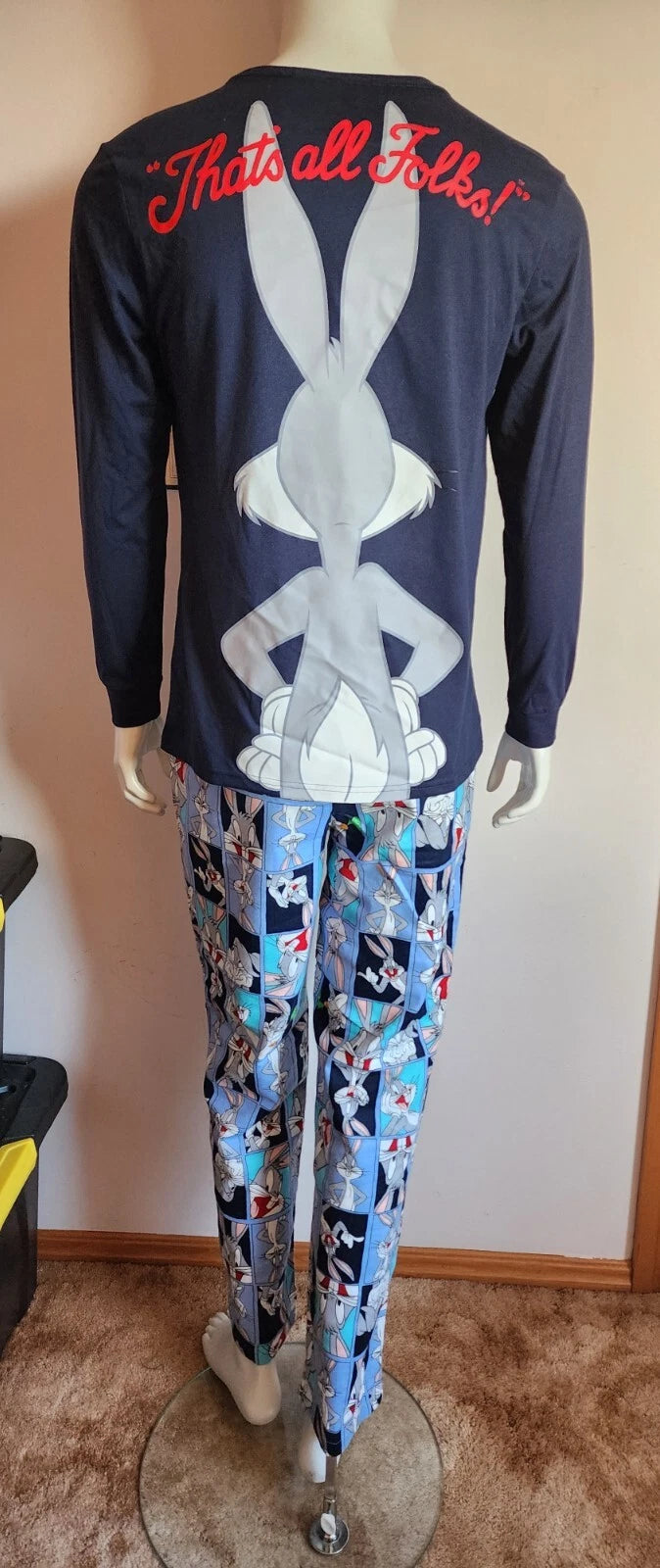 Looney Tunes Bugs Bunny Mens Navy Blue Printed 2 Piece Pyjama Set Size M New
