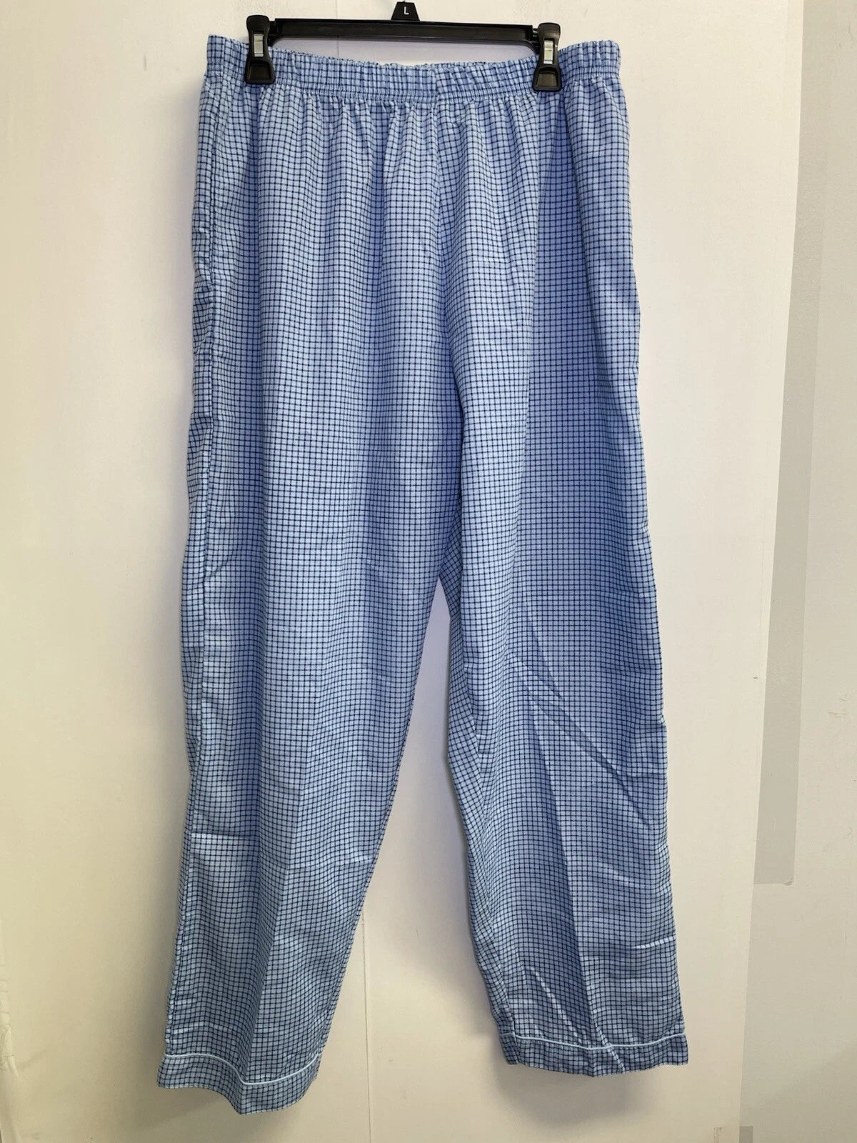 Haband Men's Size L Pajama Set 2-Pcs Check Blue  Short Sleeve Long Pants Pockets