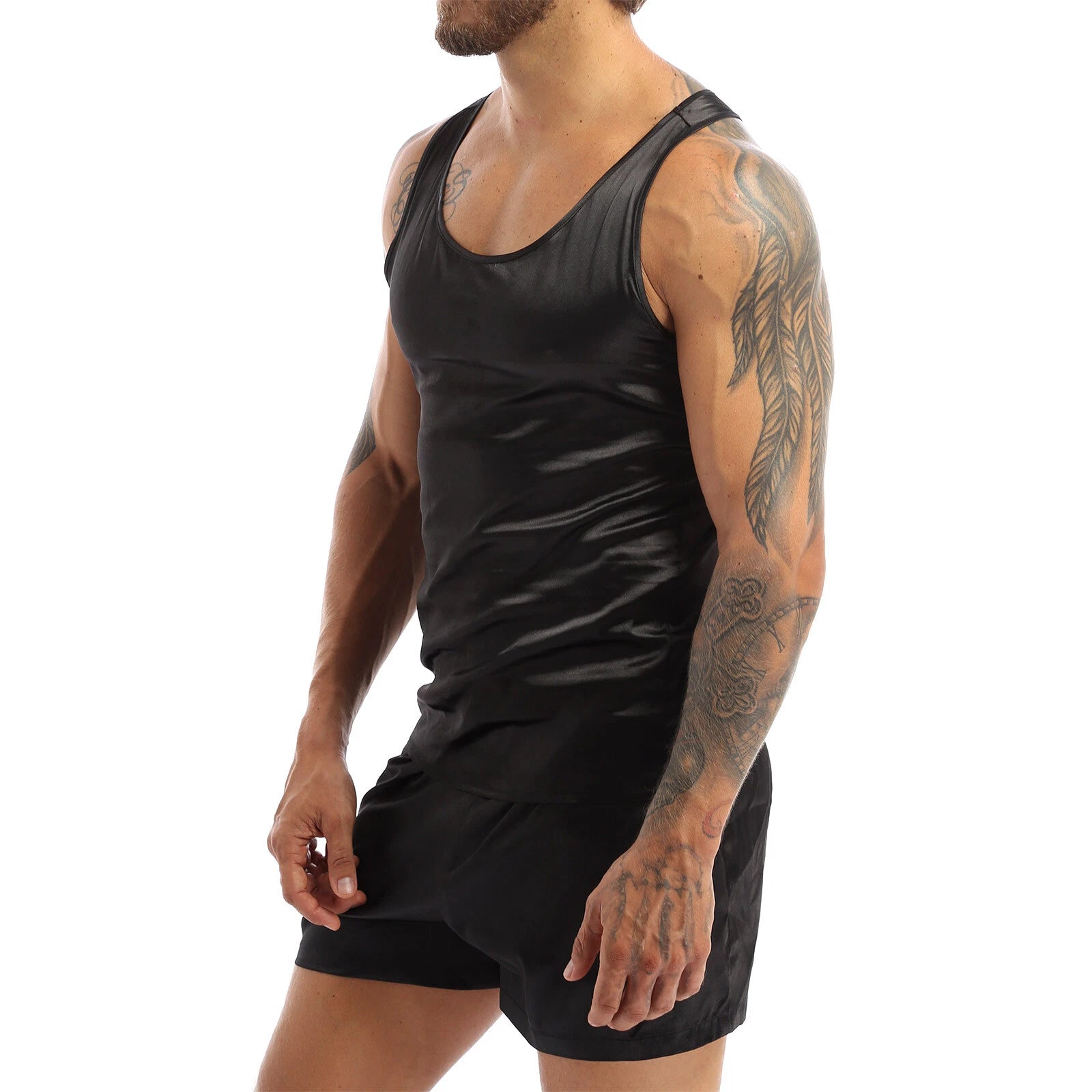 Mens Pajama Set Silky Satin Sleepwear Smooth Tank Top and Shorts 2 Pieces Set