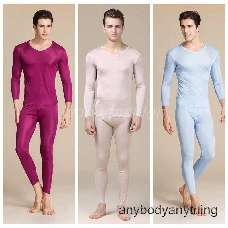 Men Mulberry Silk Thermal Long Johns Pajamas Underwear Baselayer Top&Bottom Set